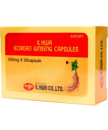 Korean Red Ginseng, 500 mg, 50 Capsules | Panax Ginseng 100% Additive Free & Authentic Korean | Physical & Mental Energy | Roots 6 Years Age, Maximum Absorbency, Ilhwa Quality