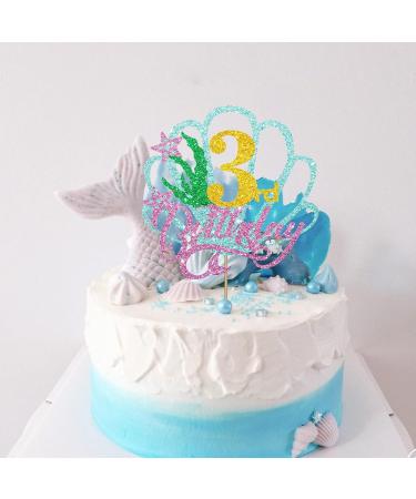 Mermaid Three Cake Topper Happy 3rd Birthday Cake Decor for Baby Girl Little Mermaid Birthday Party Decoration Under the Sea Themed Party Supplies - Gold Glitter - Buy Online on GoSupps.com