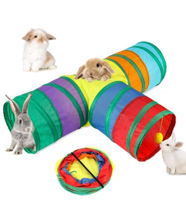 BWOGUE Bunny Tunnels & Tubes Collapsible 3 Way Bunny Hideout Small Animal Activity Tunnel Toys for Dwarf Rabbits Bunny Guinea Pigs Kitty Rainbow