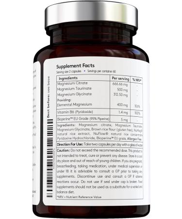 Max Absorption Magnesium Complex with Vitamin B6 - Premium Vegan Formula Made in UK - Triple Action Magnesium Citrate, Glycinate, Taurate with Bioperine - Buy Online on GoSupps.com
