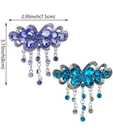 2 Pcs Butterfly Flower Tassel Hair Barrettes | Large Rhinestone Hair Clip Set | Vintage Crystal Sparkly Hair Clasps | Blue Purple Hair Accessories for Women - Buy Online on GoSupps.com