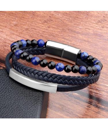 Multi-Layer Wrapped Men'S Bracelet Natural Stone Bracelet Leather Woven Bracelet Black Magnetic Buckle Multilayer Bracelet For Men - Buy Online on GoSupps.com
