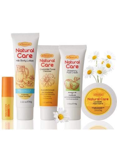 Natural Essence Skin Care Set Facial Skin Care Essential for Daily Moisturizing Daily Routine: Beeswax Lip Balm Coconut Foot Cream Milk Body Lotion Chamomile Cleanser Lavender Hand Salve