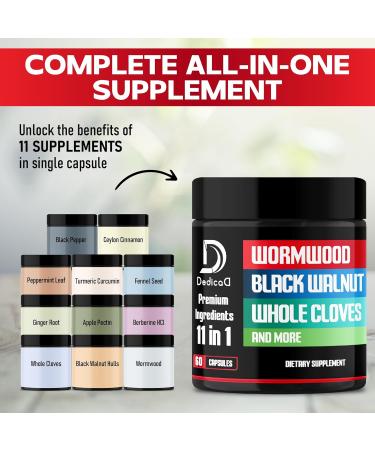 DEDICAD Wormwood Capsules Supplement - Extracted from Black Walnut, Cloves, Turmeric, Apple, Berberine HCl & More - 11 Ingredients Combined for Immune System, Body Management - 60 Capsules - Buy Online on GoSupps.com
