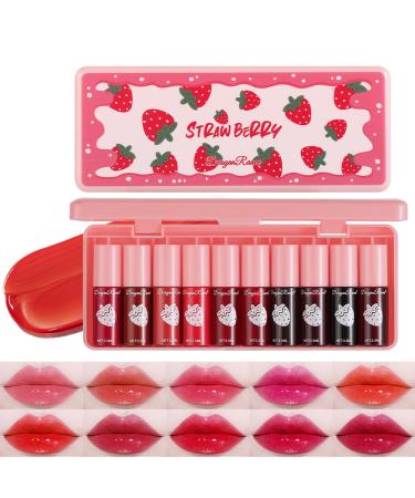 10 Colors Lip Tint Stain Set Korean Moisturizing Lip Gloss Velvet Mini Liquid Lipstick Multi-Use Lip and Cheek Tint Non-Stick Cup Lightweight Long-Lasting Waterproof Lip Tint Makeup