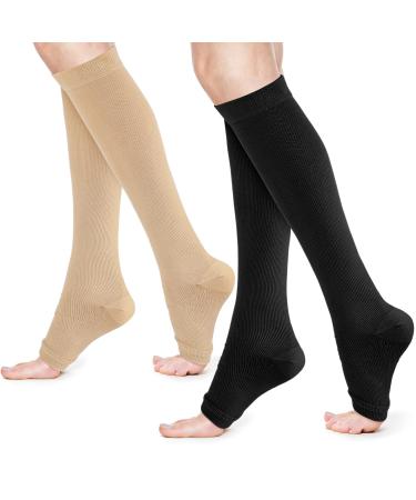 2Pairs Compression Socks for Women Open Toe Medical Compression Stockings Support Knee High Calf 15-25mmHg Flight Compression Socks for varicose veins Nurses Running Flying Sports (L/XL Black/Beige)