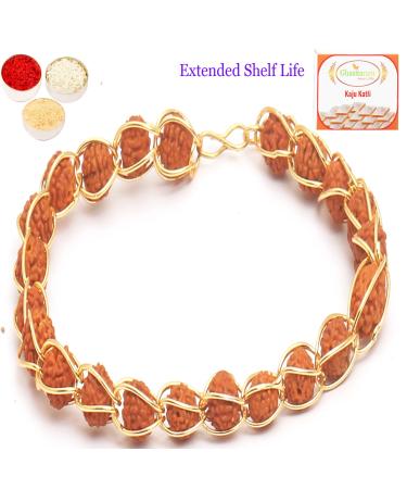 Ghasitaram Gifts Rakhi for Brother Rakhis Online - 1406 Elegant rudraksh Bracelet with 400 GMS of Kaju katli Rakhi with 400 gms of Kaju katli