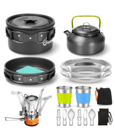 Odoland 16pcs Camping Cookware Set with Folding Camping Stove Non-Stick Lightweight Pot Pan Kettle Set with Stainless Steel Cups Plates Forks Knives Spoons for Camping Backpacking Outdoor Picnic