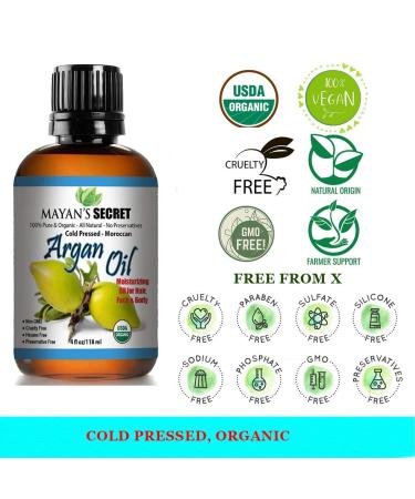 Mayan's Secret 4oz Organic Argan Oil for Hair Growth Skin Face Nails & Beard - Nourishing & Soothing Oil for Face & Body - Buy Online on GoSupps.com