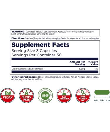 KAL Liposomal Calcium 500 mg High Absorption Calcium Supplement Essential Calcium Support Vegan Gluten Free No Soy 30 Servings 90 VegCaps - Buy Online on GoSupps.com