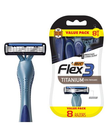 BIC Flex 3 Titanium Mens Disposable Razors With 3 Blades, Ideal Razor For Face and Body Shaving, 8 Piece Razor Kit for Men 8 Count (Pack of 1)