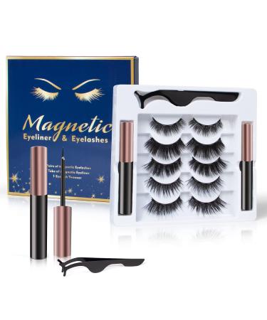 BILEYCHA Upgrade 3D Natural Magnetic Eyelashes,Lightweight Magnetic Eyeliner and Eyelashes Kit, 2 Waterproof Magnetic Eyeliners- No Glue Needed 5 Pair (Pack of 1)