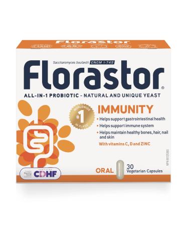 Florastor Immunity - Saccharomyces Boulardii - Daily All in One Probiotics - Supports Gut Health & Immune System - Zinc Vitamin C & D - #1 Probiotic in class Wordlwide - For Adults & Family - 30 caps