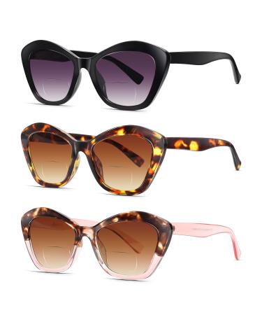 LADEESSE 3 Pack Bifocal Reading Sunglasses for Women Fashion Cateye Sun Readers Outdoor Reading Glasses UV400 +2.00Protection 3 Pack Mix Color 2.0 x