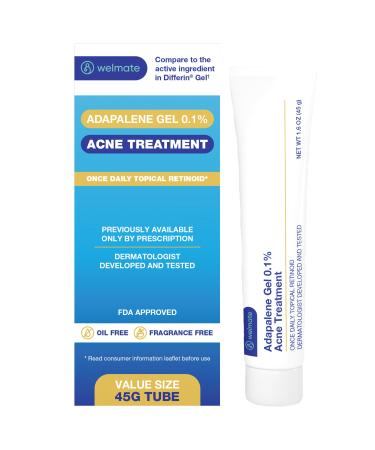 WELMATE - Adapalene Gel 0.1% - Acne Treatment - Skin Care - Daily Topical - Acne Skincare - Pimple Cream - Acne Cream - Oil & Fragrance Free - 1.6oz / 45g 1 Pack