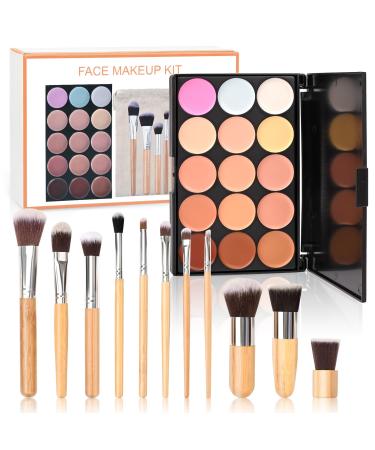 Wood collection 15 colors concealer cover cream camouflage pallet with 11 pieces of cosmetic brushes cosmetics cream contours kit professional makeup conceal palette for covering highlights contouring #032