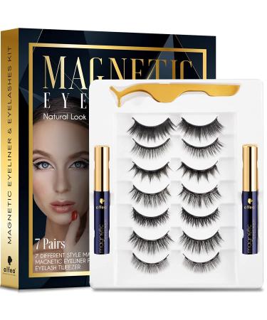 DUXEC Magnetic Lashes with Eyeliner and Tweezers, 7 Pairs Reusable Eyelashes 2 Tubes of Waterproof Kit, Upgraded 3D Natural Look, Easy to Wear, No Glue Needed, 7 Pair (Pack of 1)