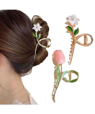 Large Metal Hair Clips Tulip Hair Clips Flower Hair Claw Clips Women Nonslip for Thicken Hair Curly Straight Long Hair - 2PCS (Tulip + lily)