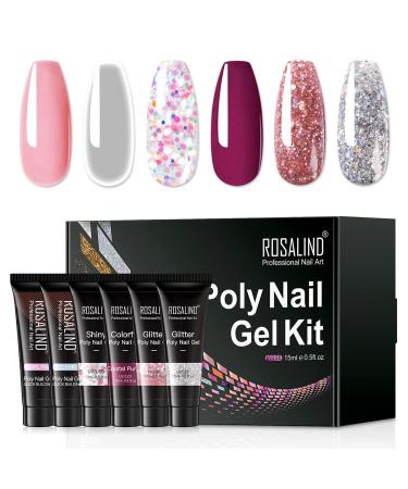 ROSALIND Wine Poly Nails Gel Set, 6 Colors Glitter Poly Extension Gel Set Clear Pink Crystal Purple Mix Style Gel Nail Extension for Nails Art, 15ML Poly Nails Salon Effect DIY at Home Nail Enhancement Gel