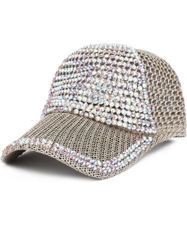 Women's Studded Rhinestone Sun Cap | Adjustable Ponytail Mesh Baseball Cap | Bling Casual Sports Hat | Khaki - Buy Online on GoSupps.com