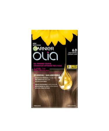 Garnier Olia Permanent Hair Dye Ammonia-Free Hair Color 6.0 Light Brown Long-Lasting Hair Shine With 60% Oils 1 Application BROWN SHADES 6.0 Light Brown