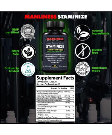 Staminize Horny Goat Weed for Men - Muscle-Builder & Stamina Booster with Maca Root, Tongkat Ali, Saw Palmetto & L-Arginine - 60 Caps - Buy Online on GoSupps.com