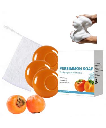 Generisch Persimmon Soap - Solid Natural Soap Deodorising Moisturizing Soap for Gentle Whole Body Intimate Care Body Odor Control with Foam Mesh for Women and Men (3)