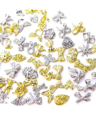 NODG 60 Pcs 3D Alloy Nail Charms Gold and Silver Metal Nails Studs Art Nails Decoration Vintage Nail Accessories DIY Nail Designs Supplies with Different Shapes Metallic Fingernail Decoration