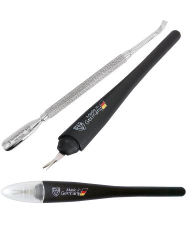 3 Swords Germany - brand quality CUTICLE REMOVER TRIMMER KNIFE (1 piece) and 1 cuticle pusher scratcher (1 piece) manicure for professional finger nail care by 3 Swords CUTICLE REMOVER WITH PUSHER