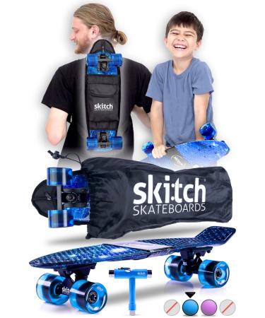 SKITCH Complete Skateboard Gift Set for All Ages with 22 Inch Mini Cruiser Board + Skateboard Backpack + Skate Tool + Tote Bag Blue Galaxy