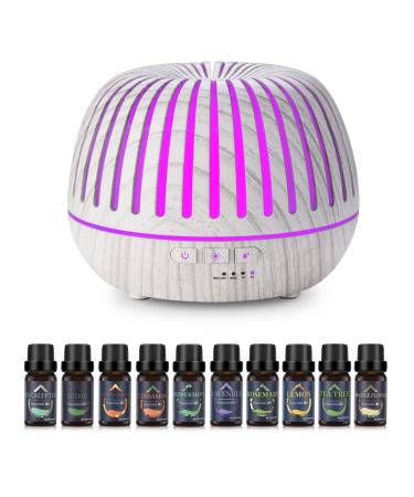 Essential Oil Diffuser ,10 Essential Oils ,500ml Ultrasonic Aromatherapy Diffuser , Cool Mist Humidifier for Large Room Home, Baby Bedroom,14 Color Lights,Waterless Auto Shut-Off White Wood Grain