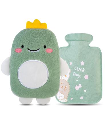 Nifogo hot water bottle with a removable 0.5 liters heat bottle with cuddly soft fur cover for pain relief lively bed bottle made of natural rubber for children and adults (green) 0.5l dinosaurs green