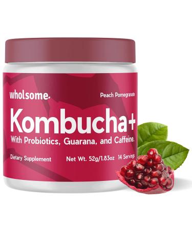 Kombucha Ready To Mix Powder - 14 Servings - With Probiotics, Guarana and Caffeine - Peach Pomegranate