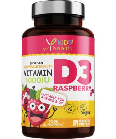 Kids Vitamin D3 1000 iu High Strength - Chewable Raspberry Flavour Vitamin D for Kids 4-12 Years Vegan Society Registered Tablets not Gummies - 2 Months Supply - Made in The UK by YrHealth