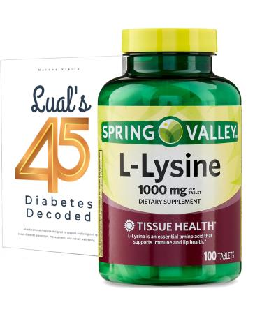 Spring Valley L-Lysine | L lysine 1000mg Tablets | llyinse llysine | Lysine Supplement | Super Lysine Immune Support |100 Tablets Bundle with Lual's 45 Diabetes Decoded