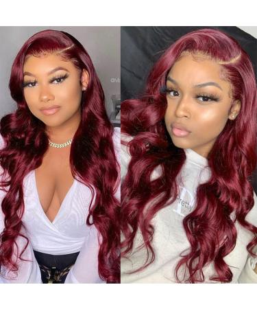 Burgundy Body Wave 24 Lace Front Human Hair Wig - HD Transparent Brazilian Virgin Hair, Pre-Plucked with Baby Hair - 150% Density - Red Glueless Wig for Black Women - Buy Online on GoSupps.com