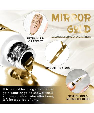 U-Shinein Metallic Painting Gel Nail Art 3D Mirror Effect Gel Nail Polish Painted Drawing Gel Build in Thin Brush Soak Off Gel for Salon Home DIY Manicure Gold - Buy Online on GoSupps.com