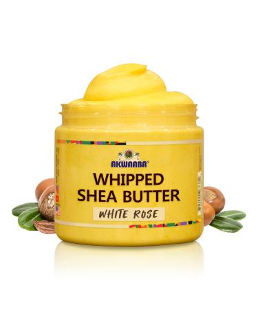 AKWAABA Whipped Shea Butter (White Rose) 12 oz - Body & Hair Moisturizer - With Raw Shea Butter from Ghana - Rich Vitamins A and E - Natural Yellow