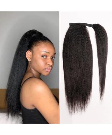 Ponytail Extension Kinky Straight Ponytail Long Yaki Straight Wrap Around Ponytail Extension for Black Women Brazilian Human Hair Ponytail Clip in Ponytail Hair Piece Ponytail Hairpiece for Women (C 22inches 100g Kinky Straight