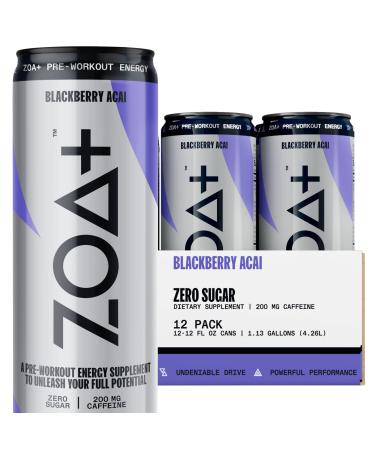 ZOA Plus Sugar-Free Pre-Workout Drink Ready to Drink with Nitric Oxide Vitamin B C and D 200mg Natural Clean Caffeine BlackBerry Acai 12 Fl Oz Pack of 12