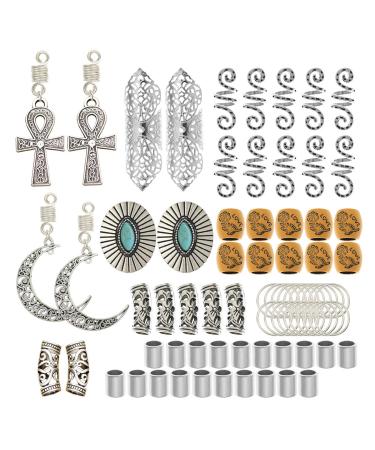 RechicGu Silver Pack 75PCS Wig Braid Cuff Rings Dreadlock Loc Beard Mambo Beads Rasta Updo Hair Dress Clip Pin Cross Turquoise Fan Moon Vintage Silver