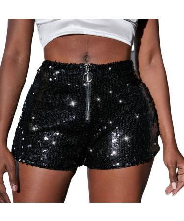 Duohropke women metallic hot pants sequins glitter shorts with high waist sexy short pants shorts for dance sport disco costume carnival carnival XL 01 black