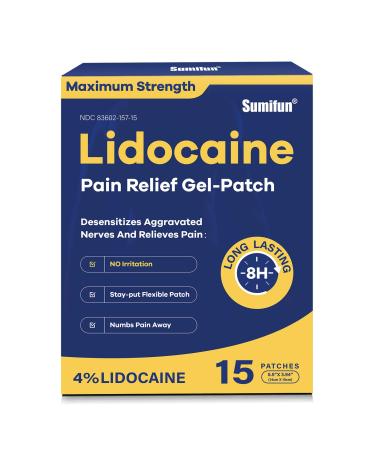 Sumifun 4% Lidocaine Pain Relief Patches 15 Counts Maximum Strength Numbing Gel Patch for Back Knee Neck Joint Ache Muscle Soreness Topical Analgesic FSA or HSA Eligible 15 Count(Pack of 1) Blue