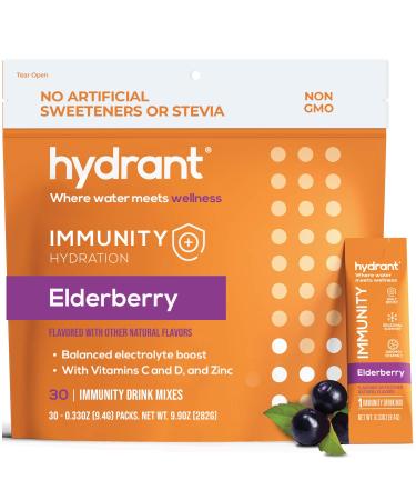 Hydrant Immunity Vitamins Electrolyte Powder - Supplement with Vitamin C, B12, B6, Zinc - Immune, Hydration, & Energy Support – Hydration Powder Stick Packets (Elderberry, 30 Count) Elderberry 30 Count (Pack of 1)