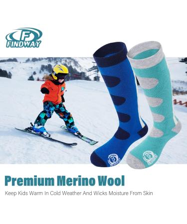 Findway 2 Couple Merino Wool Ski Socks - Unisex Thermal Winter Socks for Kids (30-36) - Breathable Snowboard Socks for Girls & Boys - Blue-Green/Blue - Buy Online on GoSupps.com
