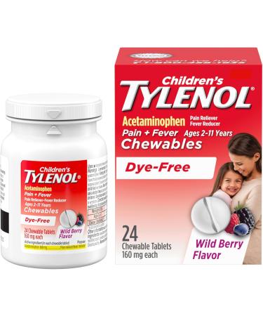 Children's Tylenol Dye-Free Chewables 160 mg Acetaminophen Pain Reliever & Fever Reducer for Kids' Cold + Flu Symptoms Headache Sore Throat & Toothache Aspirin-Free Wild Berry 24 ct Wild Berry Dye Free - Buy Online on GoSupps.com