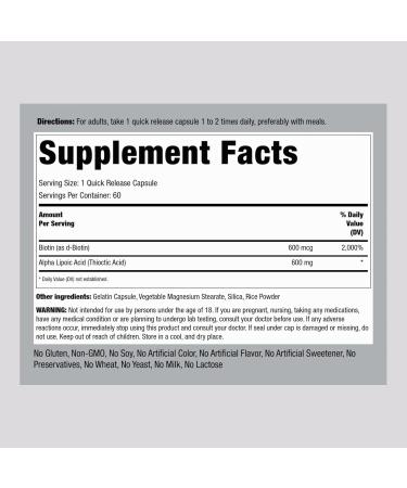 Buy Piping Rock Alpha Lipoic Acid 600mg & Biotin - Non-GMO Gluten-Free Supplement | 60 Capsules - Buy Online on GoSupps.com
