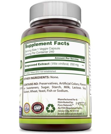 Pure Naturals Grapeseed Extract 250 Mg 240 Veggie Capsules (Non-GMO) Standardize to Contain Polyphenols Cardiovascular & Vein Support Supports Anti-Aging & Overall Well-Being - Buy Online on GoSupps.com