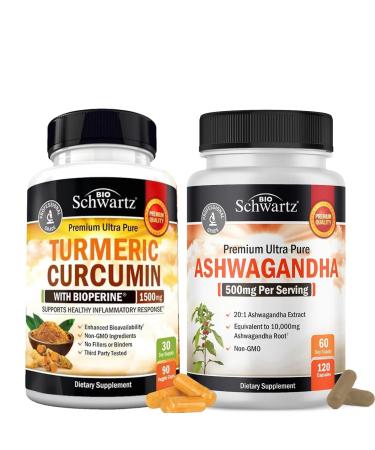 Extra Strength Ashwagandha Capsules (2 Month Supply) Plus Turmeric Curcumin with Black Pepper Extract 1500mg Complex (1 Month Supply)