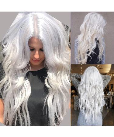 RicHyun White Wig Long Curly Wavy Wig Middle Part Cosplay Wig Synthetic Heat Resistant Costume Halloween Wigs for Women Girls